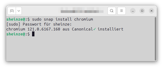 Anzeige der Installation von chromium durch snap install unter Ubuntu 23.10