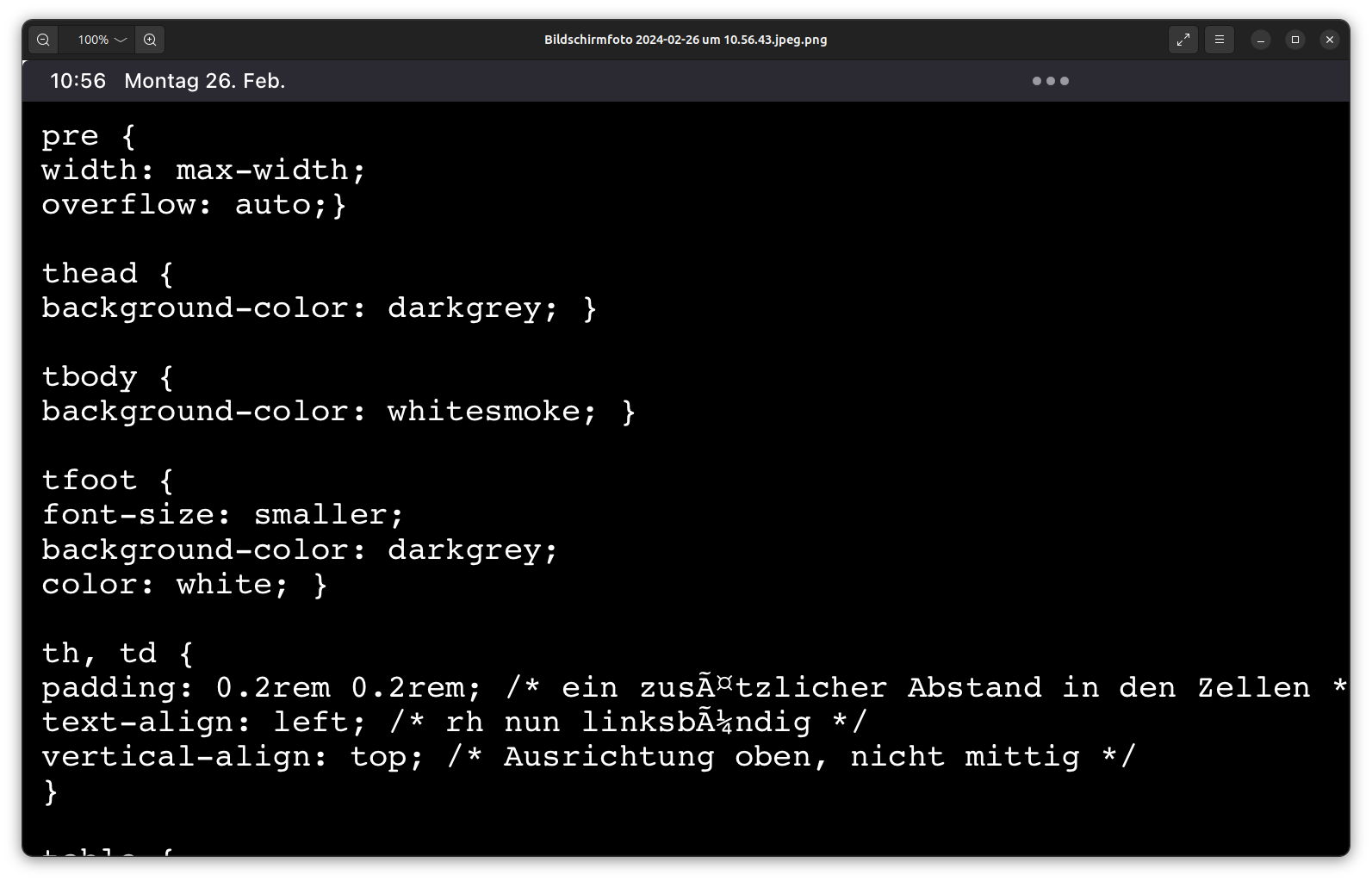 Ein Bild der CSS Datei mit mir unbekannten Sonderzeichen