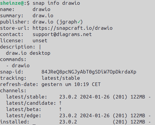 Anzeige der Paketinformation durch Snap im Terminal unter Ubuntu 23.10