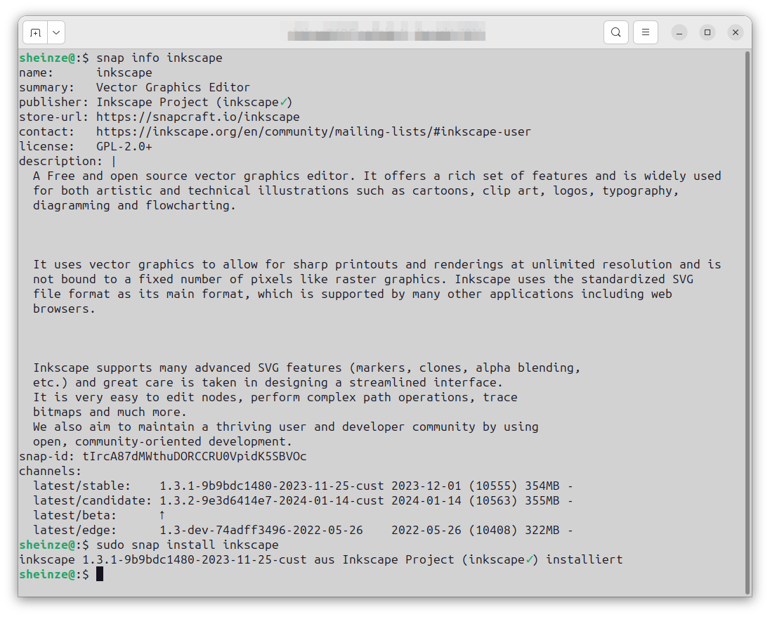 Ein Bild der Installation von Inkscape unter Ubuntu 23.10 als snap.