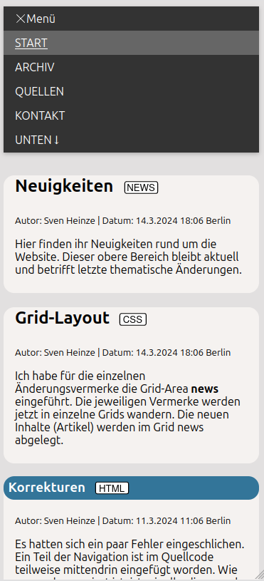 Ansicht der Website mit einem iphone 11 im Hochformat. Der Navigator ist ausgeklappt und zeigt seine Menüeinträge.