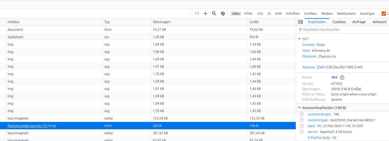 Ein Bild, dass die Stausmeldung 404 im Entwicklungstool von Firefox anzeigt.