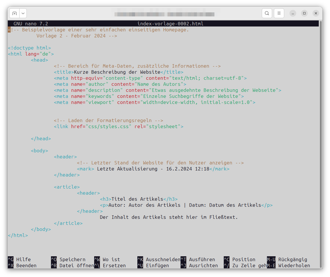 Anzeige der neuen HTML Vorlage im Editor nano