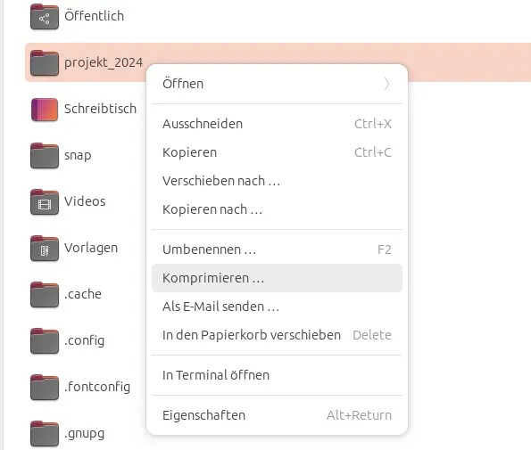 Komprimieren eines Ordners im Dateimanager Nautilus 