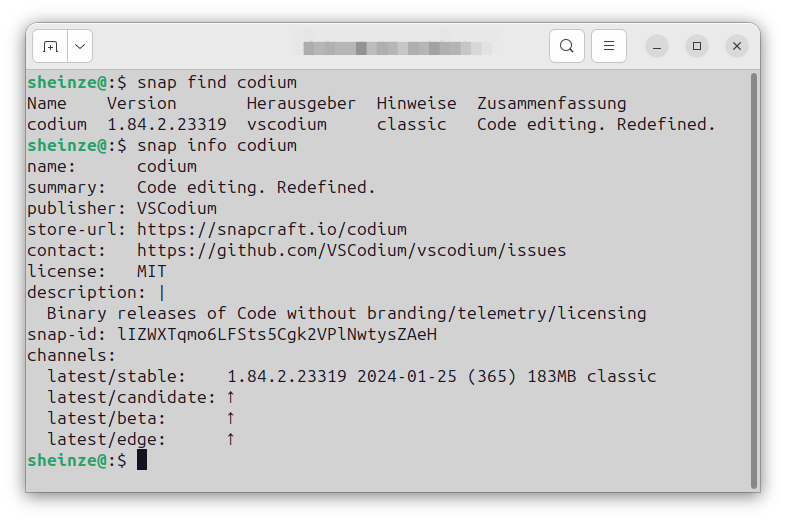 Anzeige von Informationen in snap zum Paket codium unter Ubuntu 23.10
