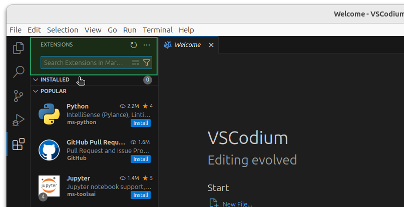 Anzeige der Erweiterungen im VSCodium Editor