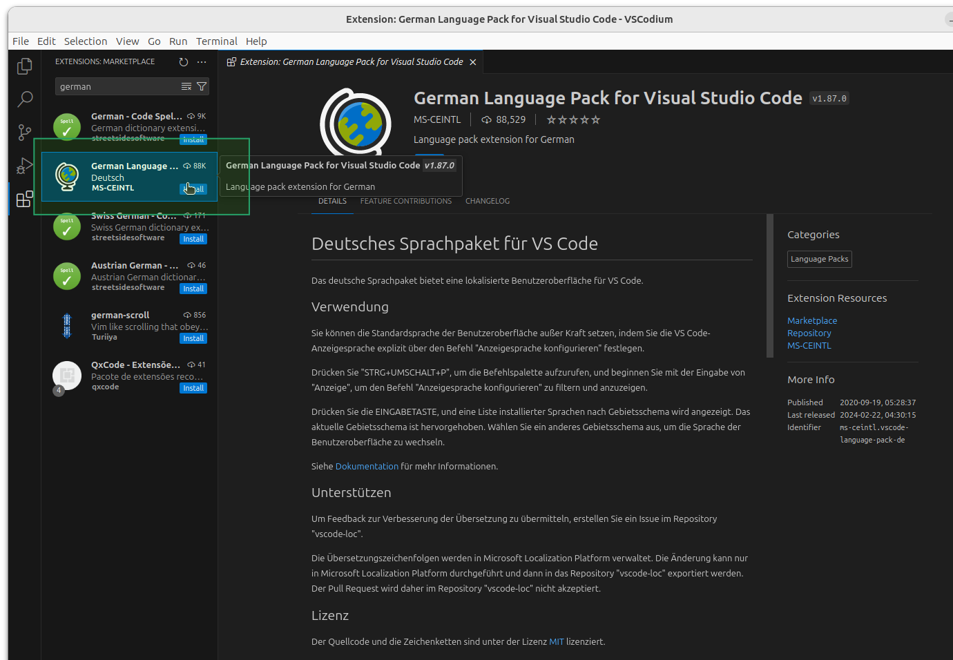 Installation des German Language Packs for Visual Studio Code