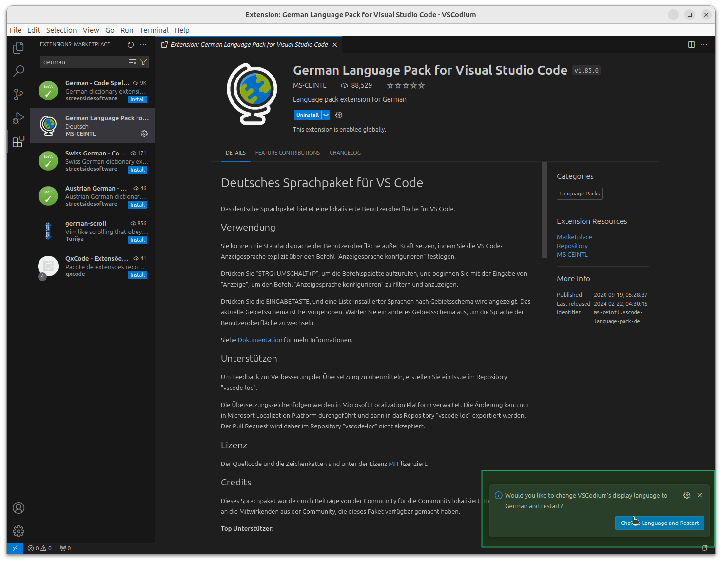 Abschluss der Installation des German Language Packs for Visual Studio Code