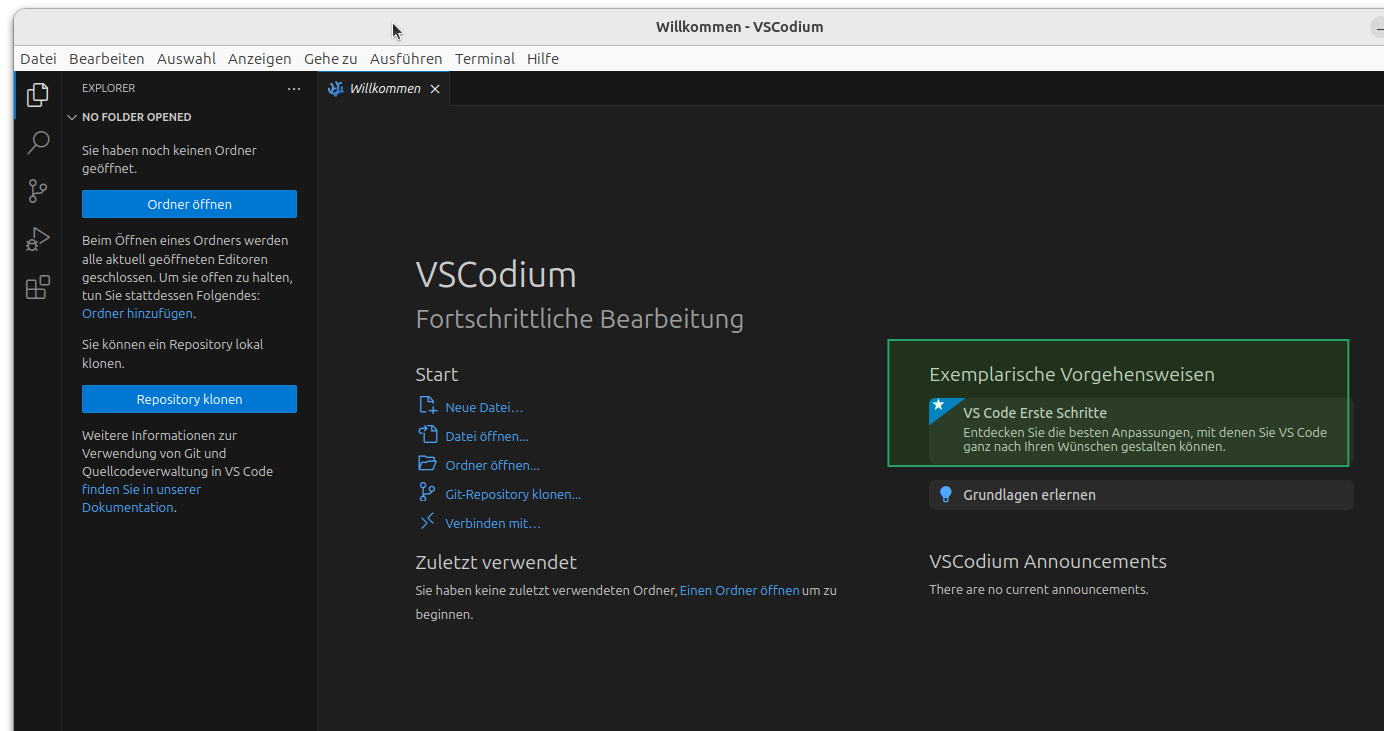 Nach Neustart zeigt sich VSCodium mit deutscher Oberfläche