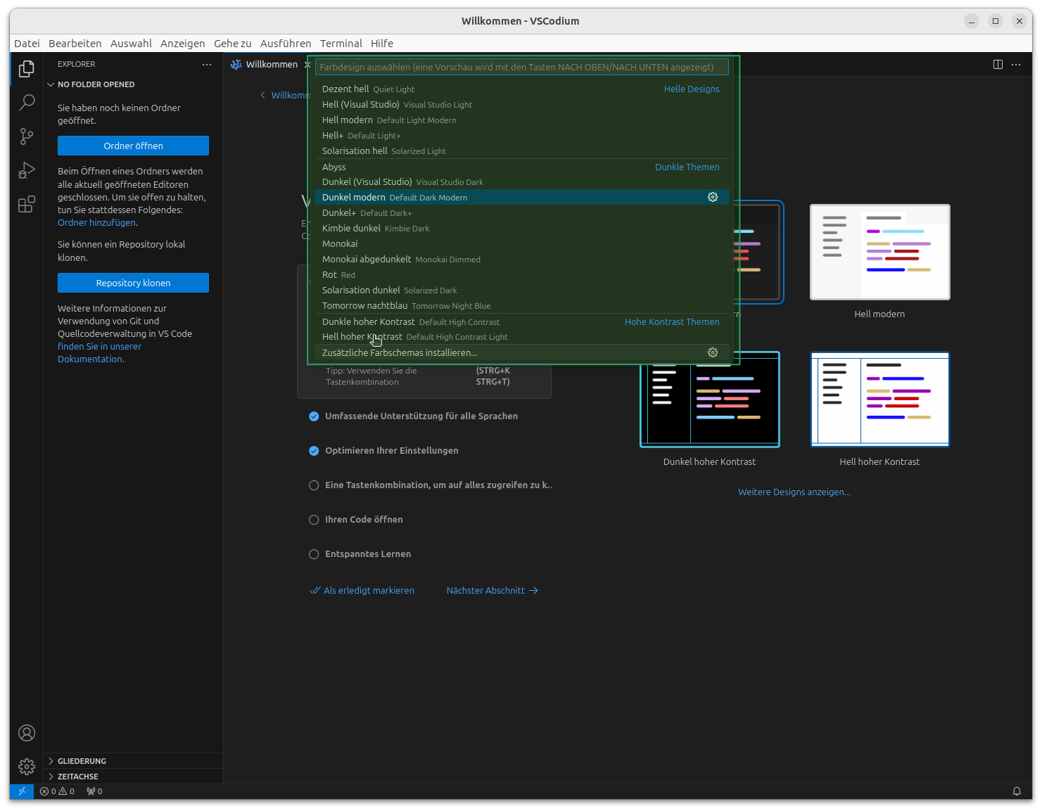 Verschiedene Layouts stehen im VSCodium Editor zur Verfügung