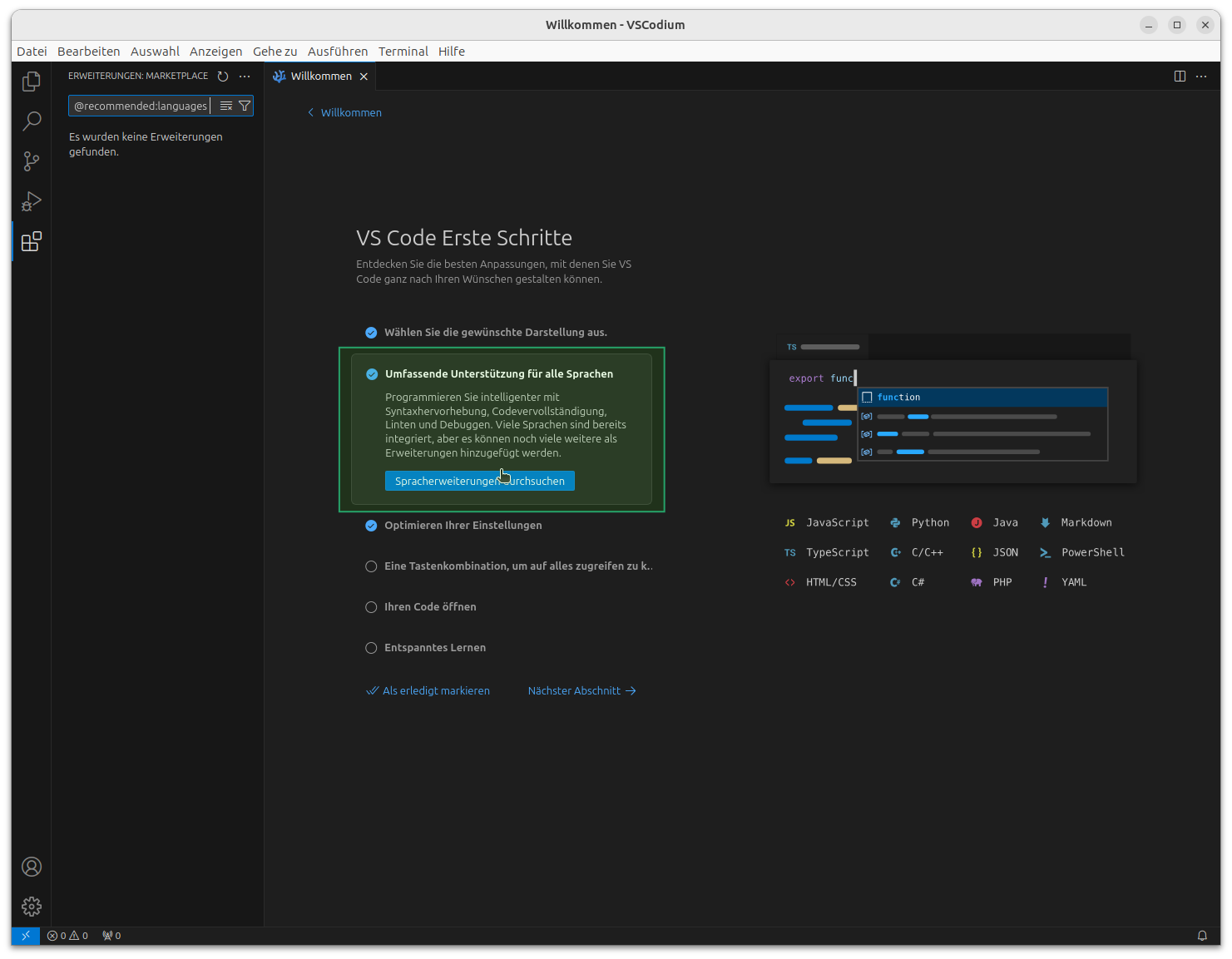 Anzeige der unterstützten Programmiersprachen in Codium