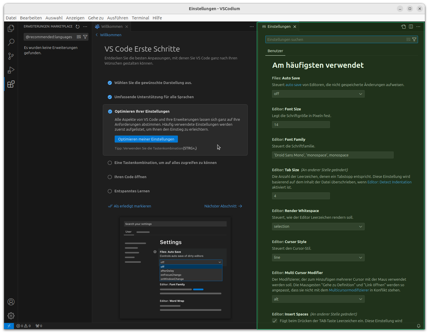 Optimierungsvorschäge werden von VSCodium werden angezeigt