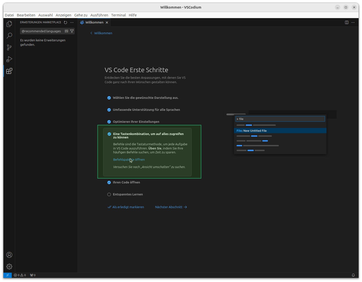 Zuweisen von Tastaturkürzeln in VSCodium