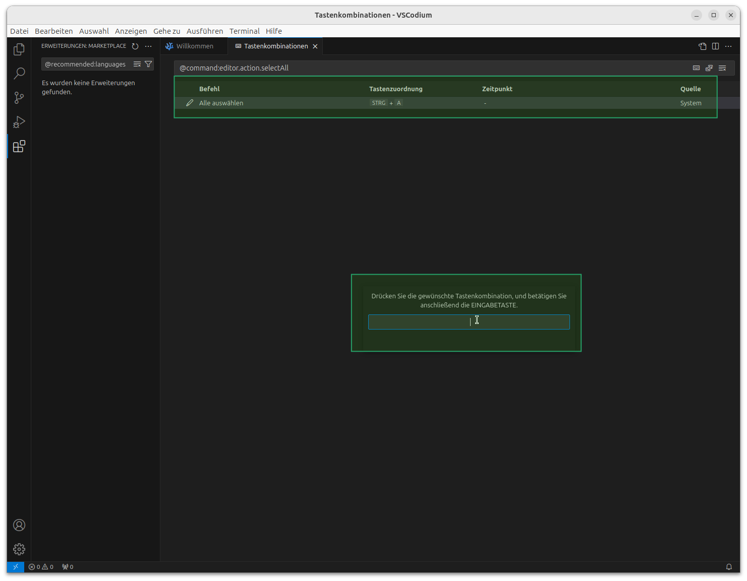 Konfiguration des Tastenkürzels für 