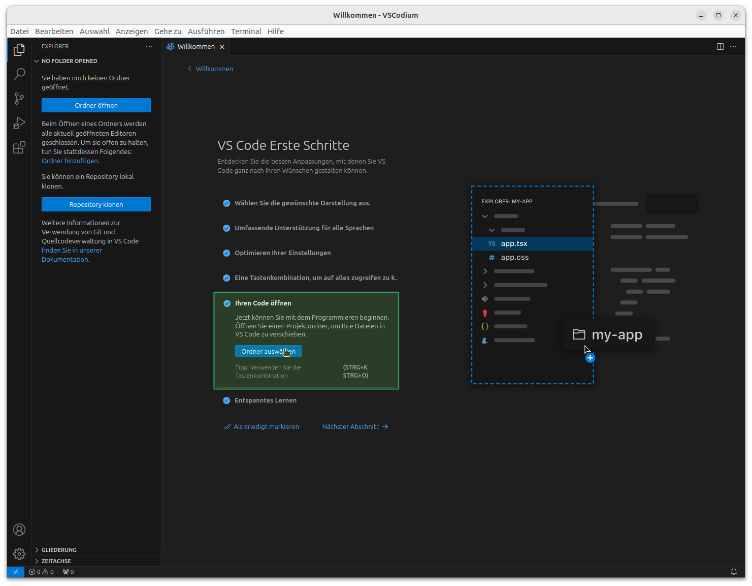 Hinterlegen des Projektordners in VSCodium